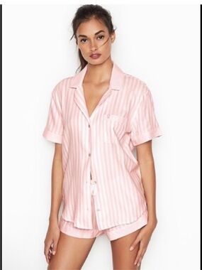 Victoria Secret Pajama Short Sleeve Button Down Top Soft Blend Stripes NWOT XL